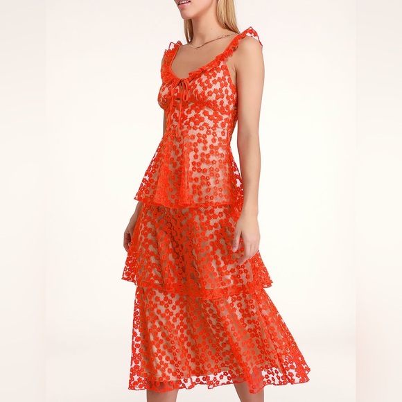 Lulus Dresses & Skirts - Lulu's  Someday Swoon 
Embroidered Vibrant Orange Midi Dress 
size medium